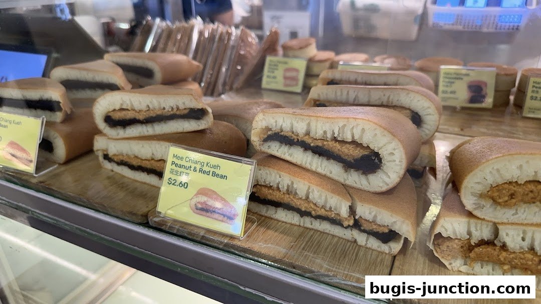 A display of freshly made pancakes filled with peanut and red bean paste.