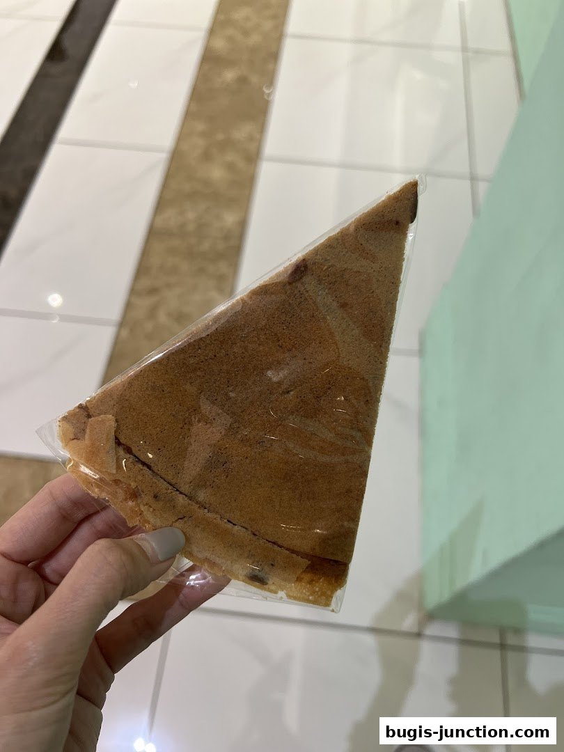 A hand holds a slice of chocolate chip pancake wrapped in plastic.