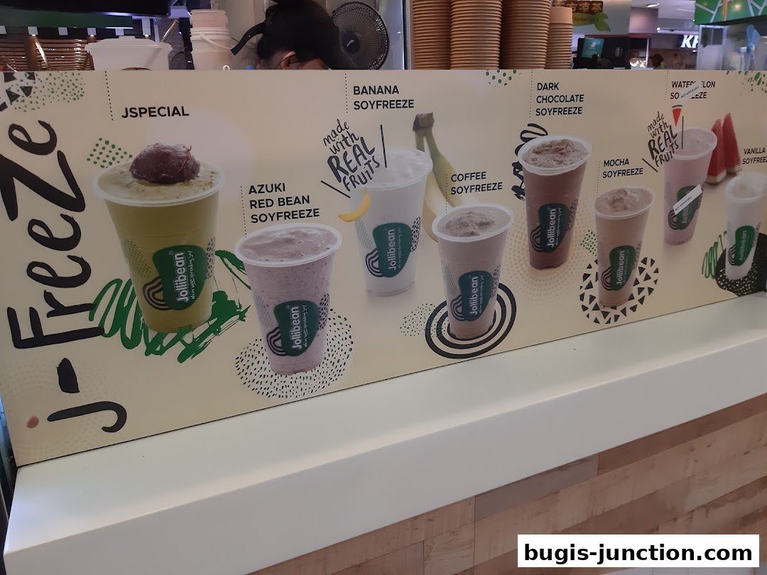 A display of various Jollibean Soyfreeze drinks with their names and images.