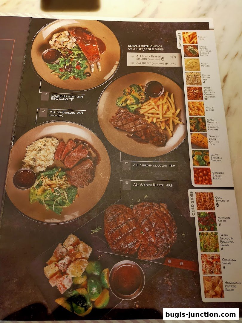 A menu from Josh's Grill featuring various steak and rib dishes with side options.