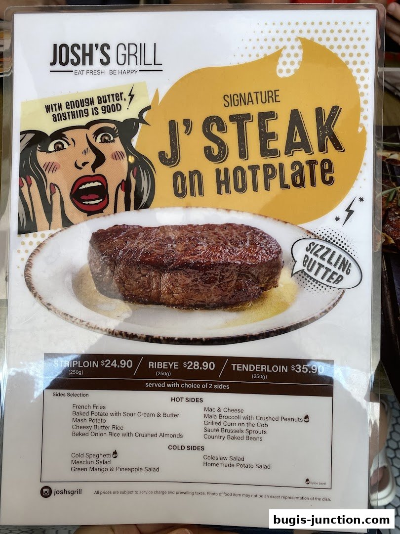A menu from Josh's Grill featuring signature J'Steak on a hotplate with various side options.