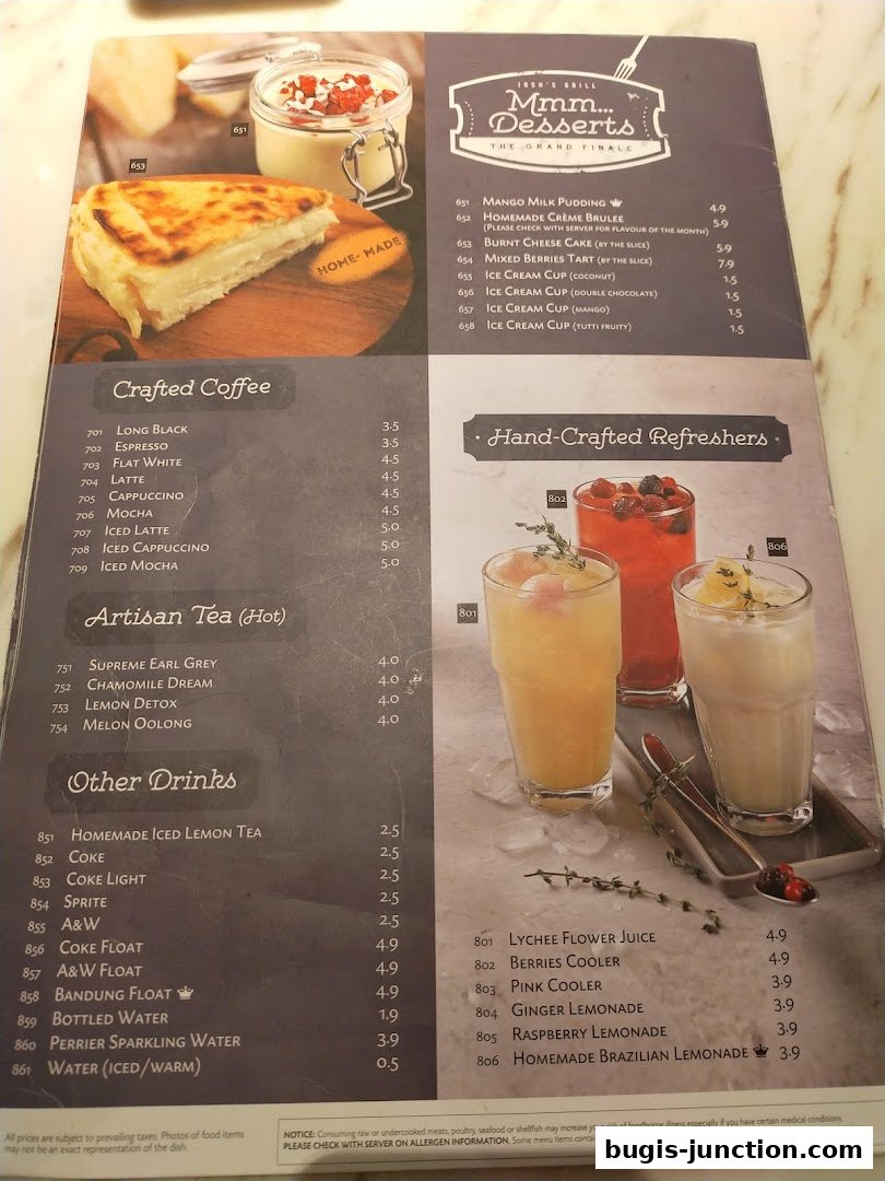 A menu from Josh's Grill featuring desserts, crafted coffee, artisan teas, and hand-crafted refreshers.