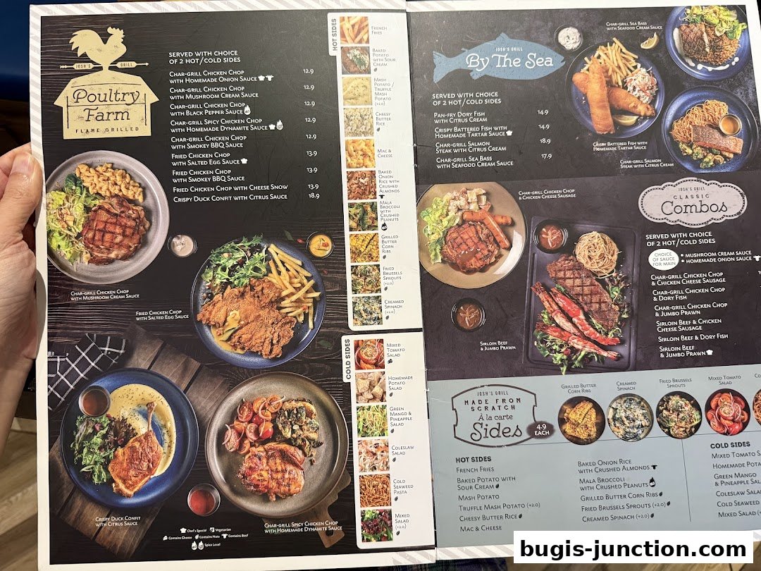 A menu from Josh's Grill featuring poultry, seafood, and classic combo dishes with sides.