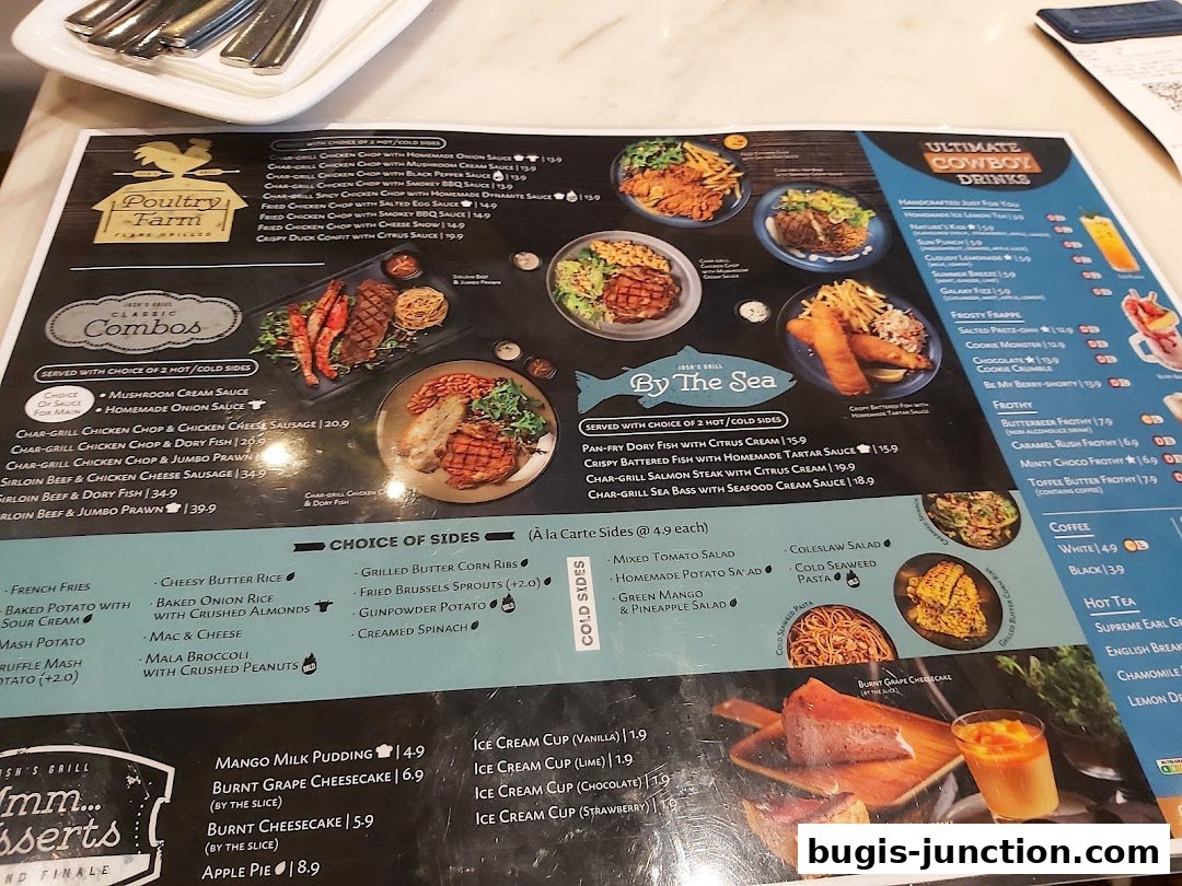 A menu from Josh's Grill featuring various dishes, drinks, and desserts with appealing food photography.
