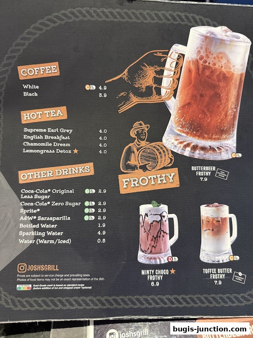 A menu from Josh's Grill featuring coffee, hot tea, and other drinks with prices.