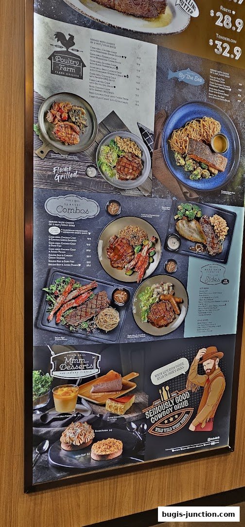 A menu board showcasing grilled chicken, fish, steak, and desserts with prices.