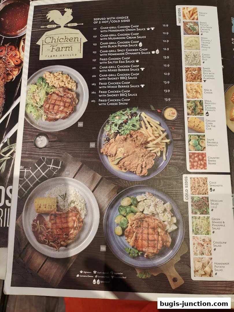 A menu from Chicken Farm featuring grilled and fried chicken dishes with various sauces and sides.