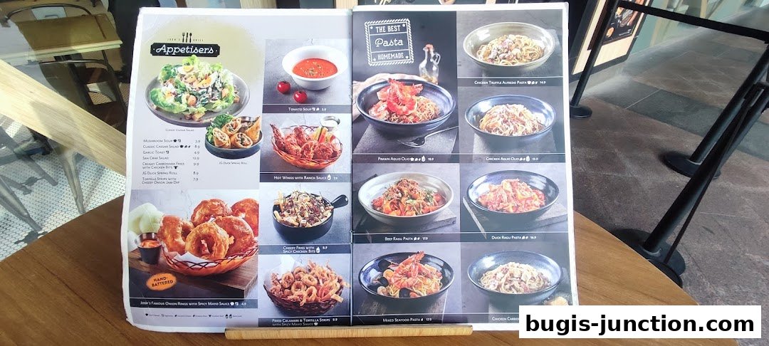 A menu from Josh's Grill featuring appetizers and pasta dishes with enticing food photography.