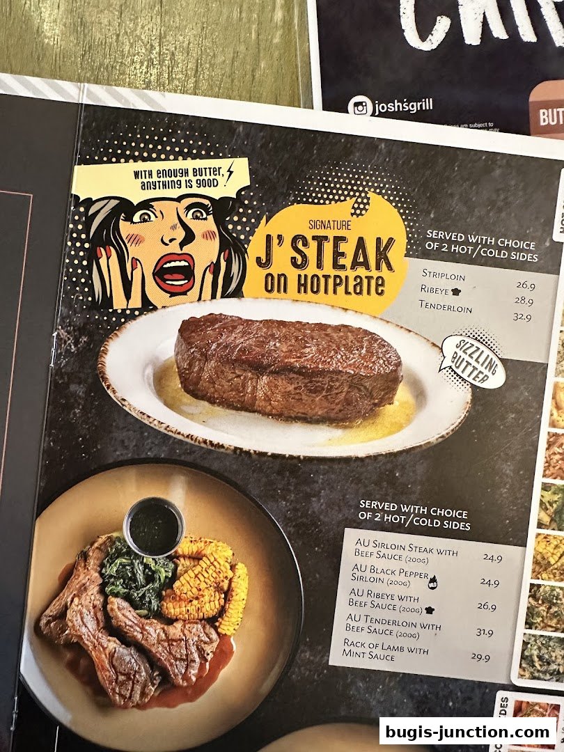 A menu from Josh's Grill featuring signature steaks and other meat dishes with prices.