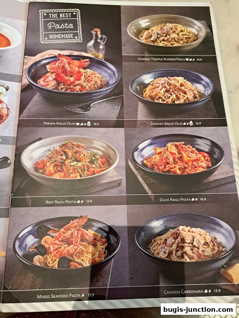 A menu page showcasing various pasta dishes with appetizing images and prices.