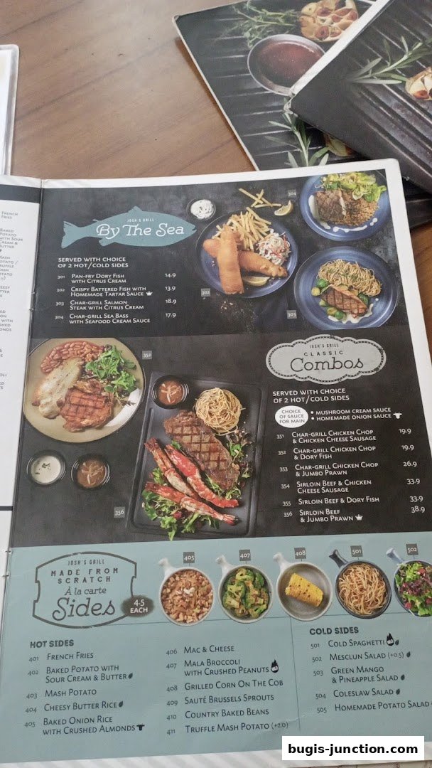A menu from Josh's Grill featuring seafood, classic combos, and a variety of sides.