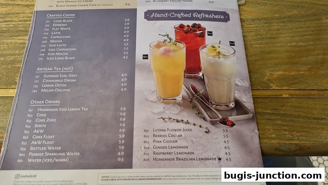 A menu from Josh's Grill featuring crafted coffees, artisan teas, other drinks, and hand-crafted refreshers.