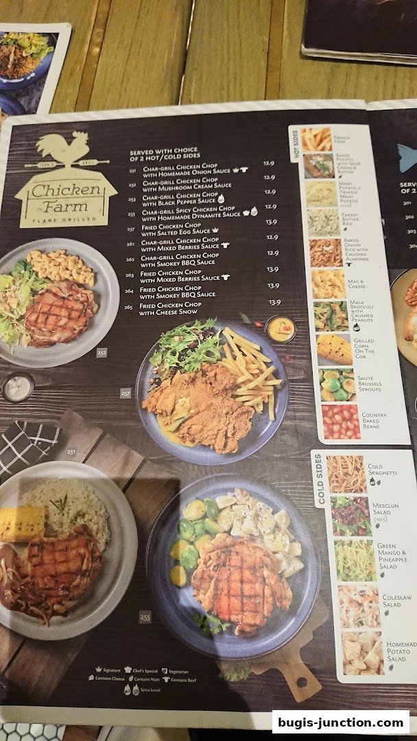A menu from Chicken Farm featuring various grilled and fried chicken dishes with sides.