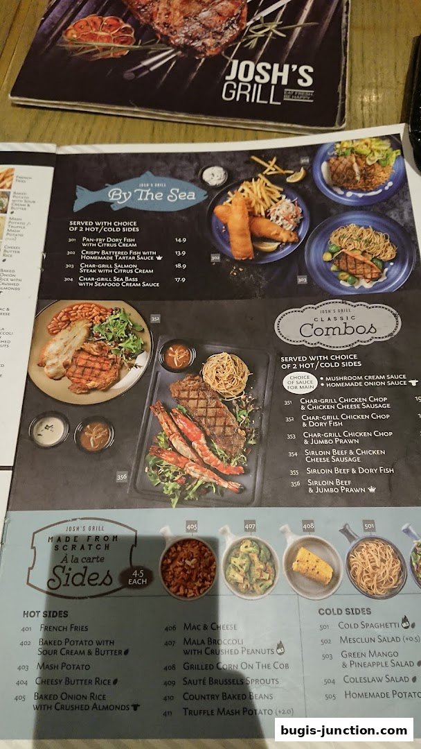 A menu from Josh's Grill featuring seafood, combos, and sides with prices.