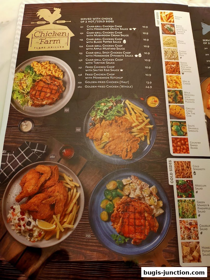 A menu from Josh's Grill featuring various chicken dishes and sides.