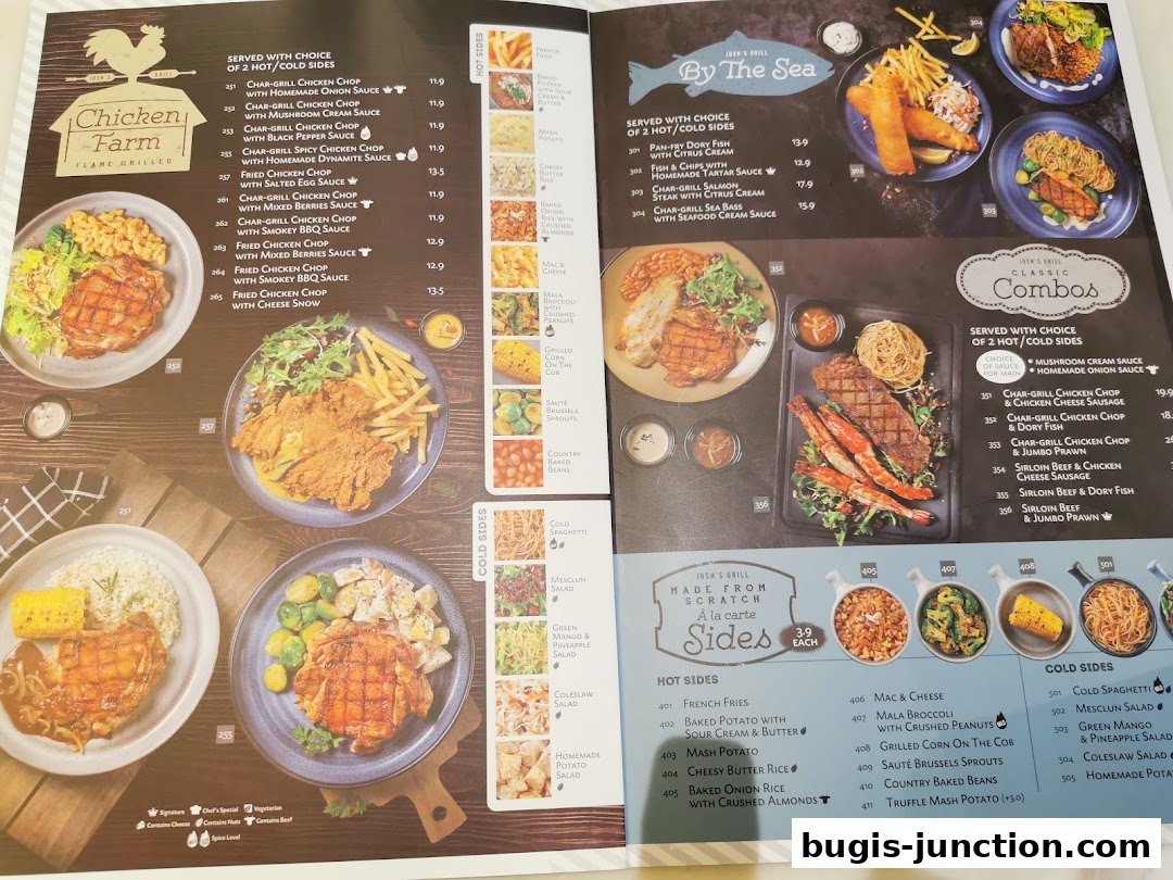 A menu from Josh's Grill featuring chicken dishes, seafood, and combo meals with sides.