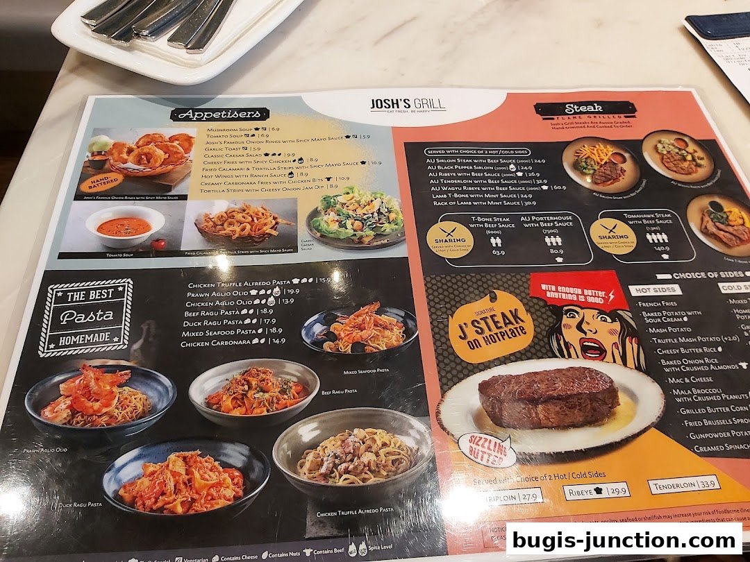 A menu from Josh's Grill featuring appetizers, pasta dishes, and various steak options.