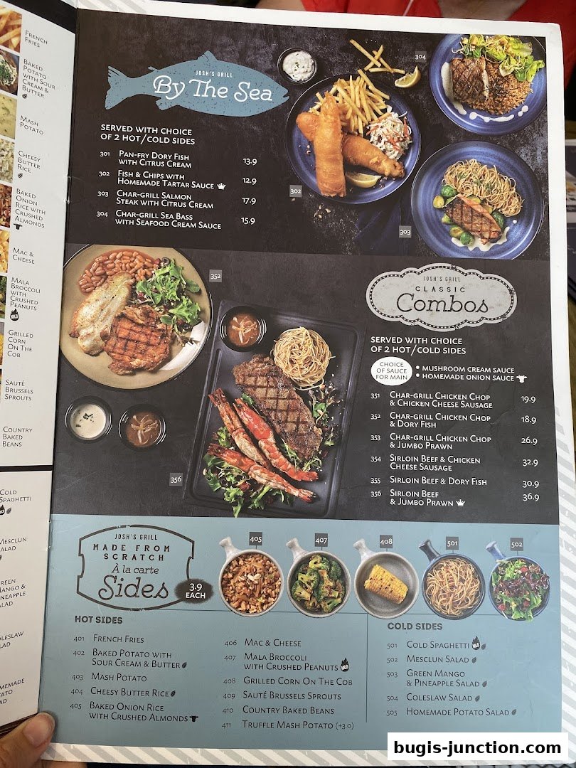 A menu from Josh's Grill featuring seafood, classic combos, and a la carte sides.