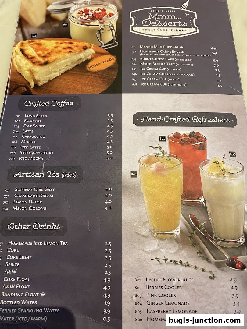 A menu from Josh's Grill featuring desserts, coffee, tea, and refreshing drinks.