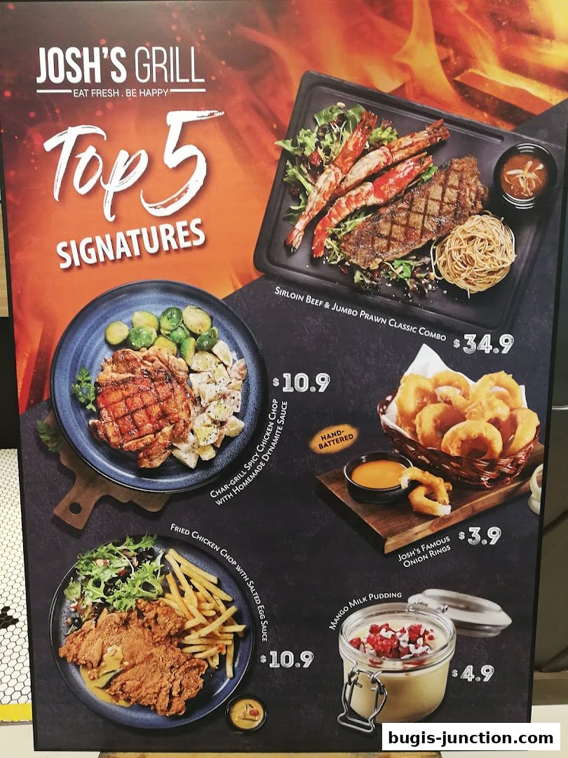 A menu board showcasing Josh's Grill's top 5 signature dishes with enticing food photography.