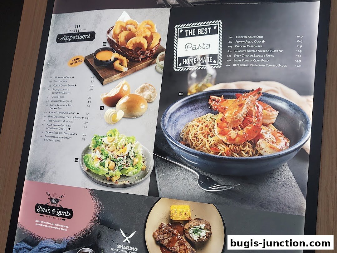 A menu showcasing appetizers, pasta dishes, and steak and lamb options with appealing food photography.