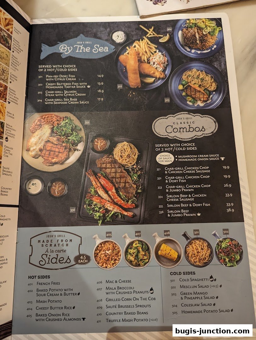 A menu from Josh's Grill featuring seafood, meat combos, and various sides.