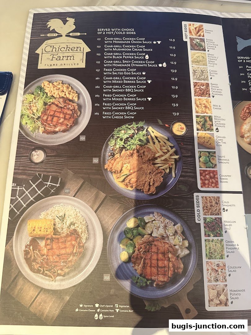 A menu from Chicken Farm featuring grilled and fried chicken dishes with various sauces and sides.