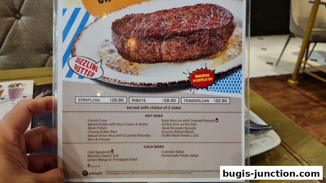 A menu from Josh's Grill featuring steaks and a selection of hot and cold sides.