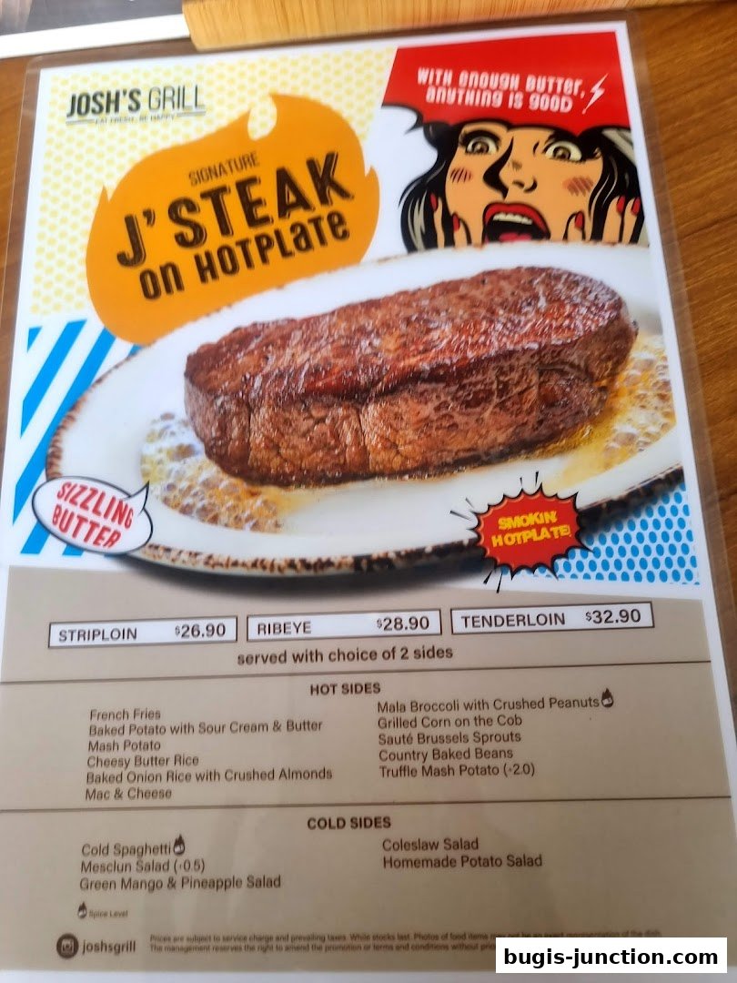 A menu featuring Josh's Grill's signature J'Steak on Hotplate with various side options.