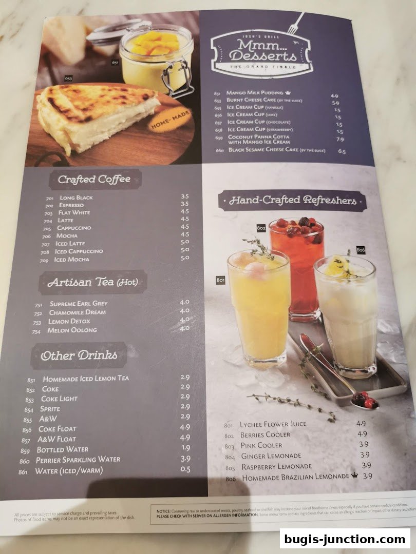 A menu from Josh's Grill featuring desserts, crafted coffees, artisan teas, and refreshing drinks.