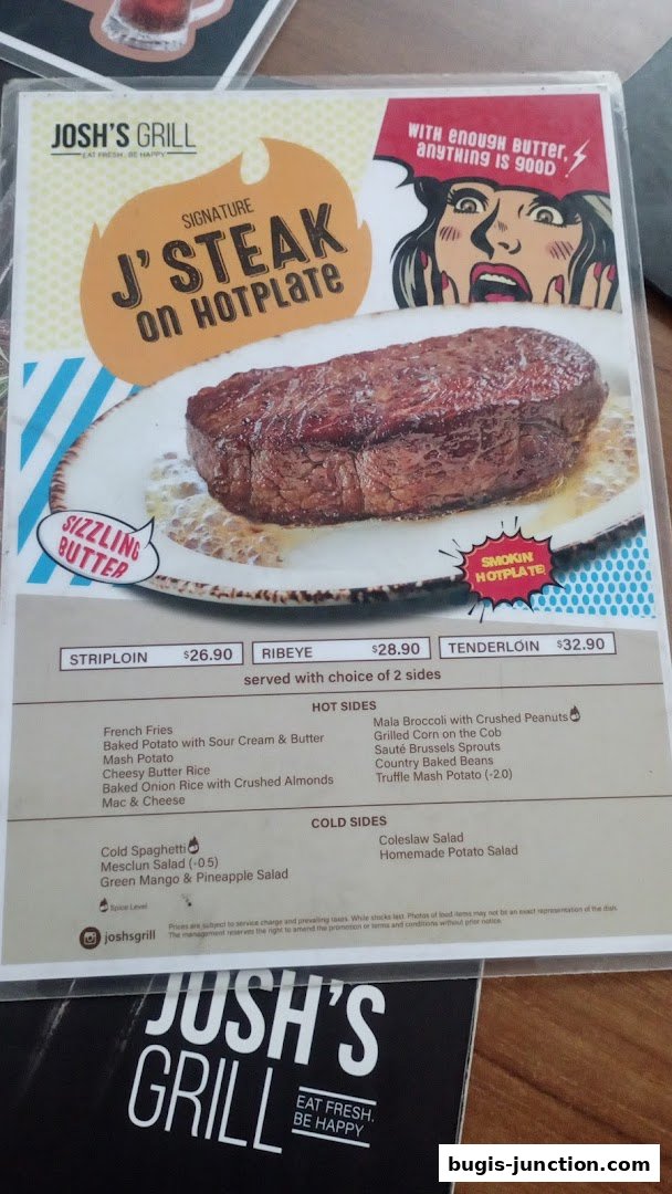 A menu from Josh's Grill featuring their signature J'Steak on Hotplate with various side options.