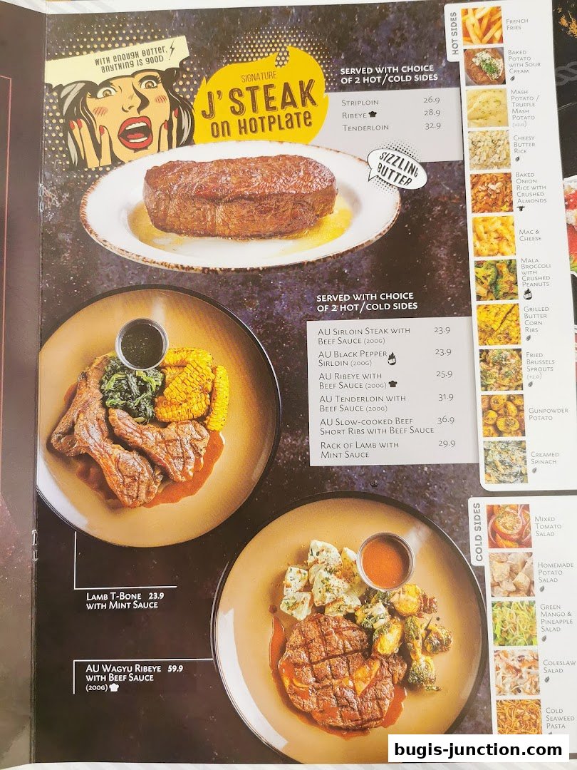 A menu from Josh's Grill featuring steaks, lamb, and various side dishes.