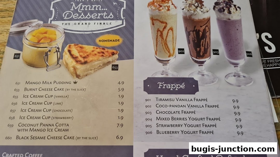 A menu from Josh's Grill featuring desserts like mango milk pudding and frappes.