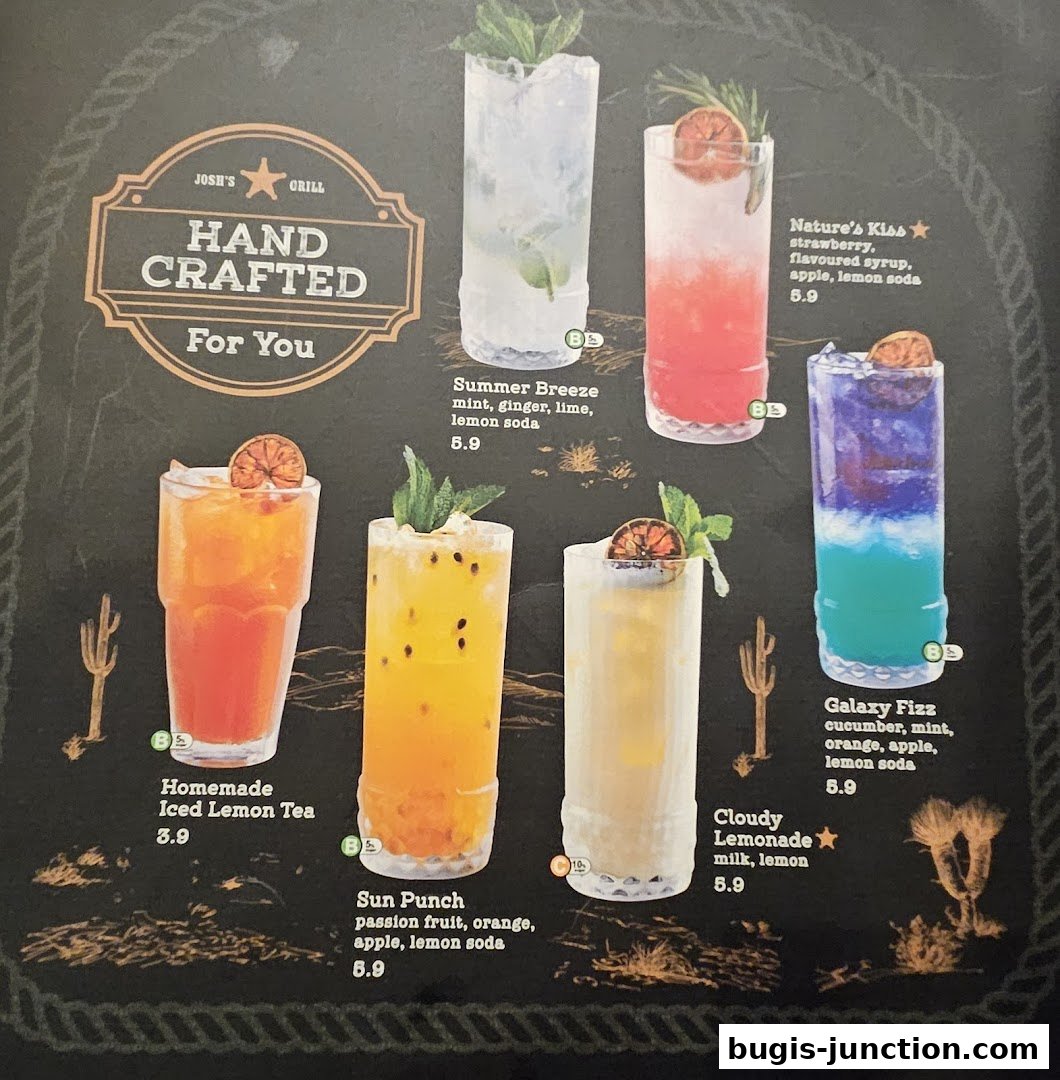 A menu featuring various colorful, hand-crafted beverages with descriptive names and prices.