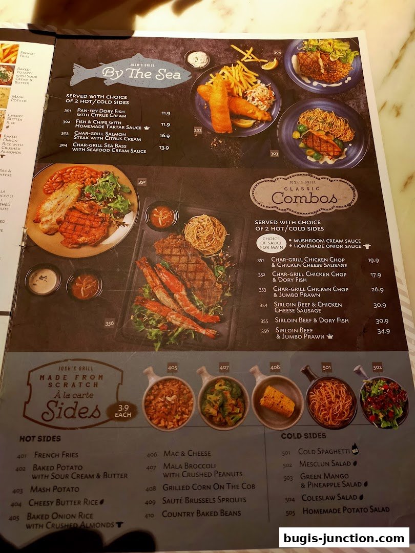 A menu from Josh's Grill featuring seafood, combos, and sides with prices.