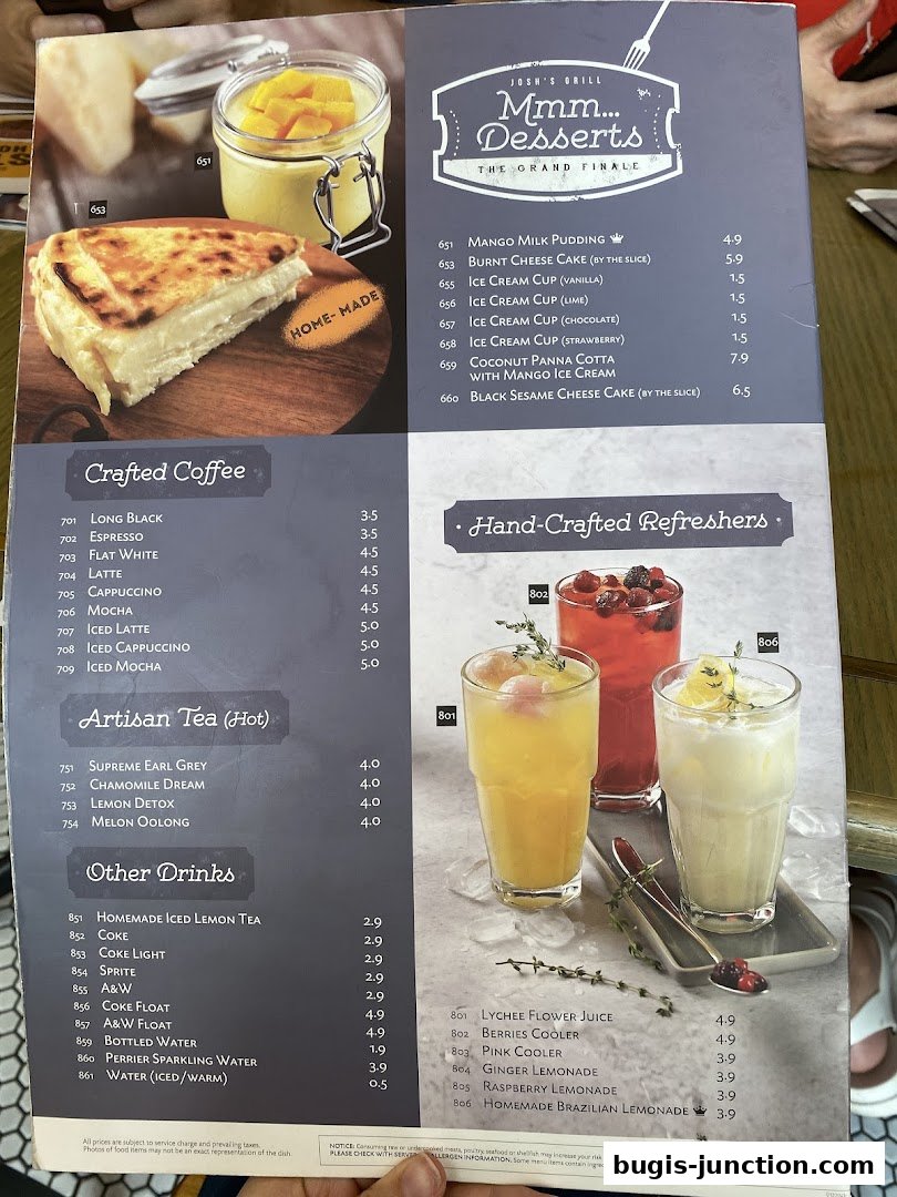 A menu from Josh's Grill featuring desserts, coffees, teas, and refreshing drinks.
