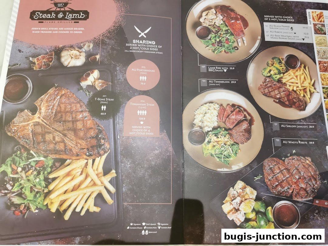 A menu from Josh's Grill featuring steaks, lamb ribs, and sharing platters with prices.