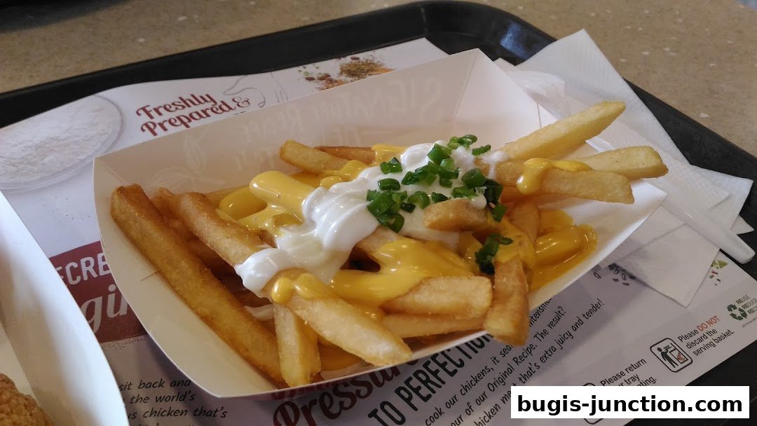 KFC cheese fries topped with sour cream and chives on a tray.