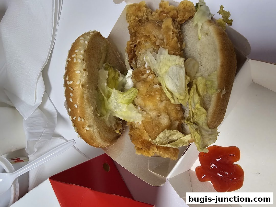 A delicious KFC chicken burger with lettuce and sauce in a takeaway box.