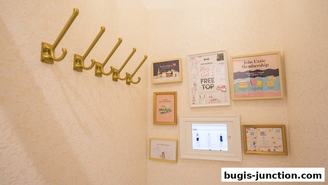 Wall with gold hooks and framed advertisements for L'zzie.