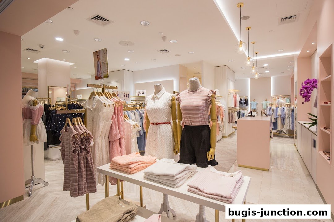 Interior view of a stylish clothing store with mannequins and racks of apparel.