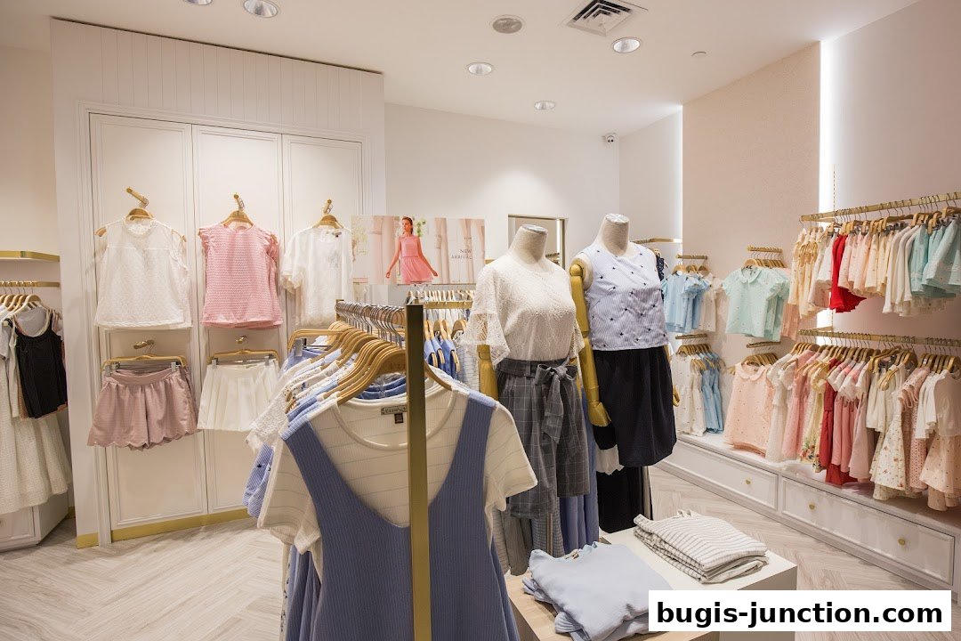 Interior of a clothing store with racks of women's and children's apparel, and mannequins.