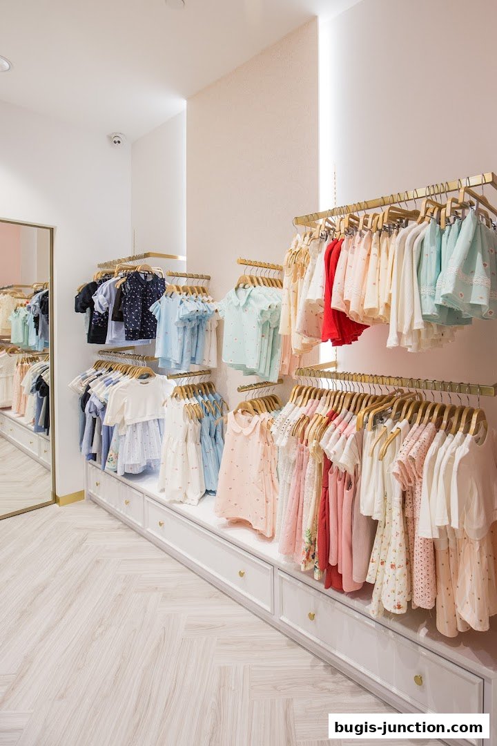 A bright and airy children's clothing store with racks of colorful dresses and outfits.