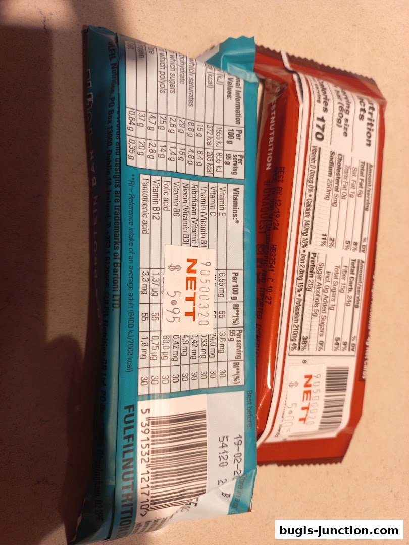 Two protein bars with nutritional information and pricing visible.