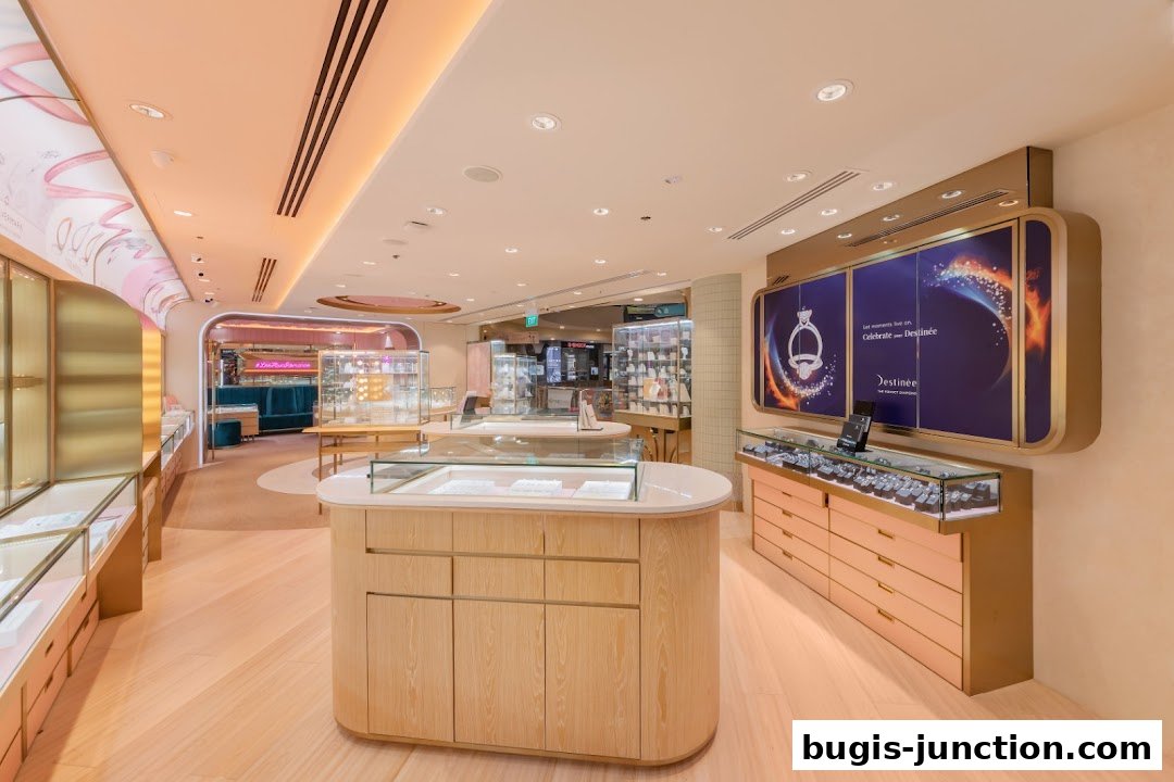 Interior view of a modern jewelry store with display cases and elegant decor.