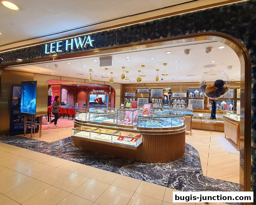 Interior view of a Lee Hwa Jewellery store showcasing display cases filled with jewelry.