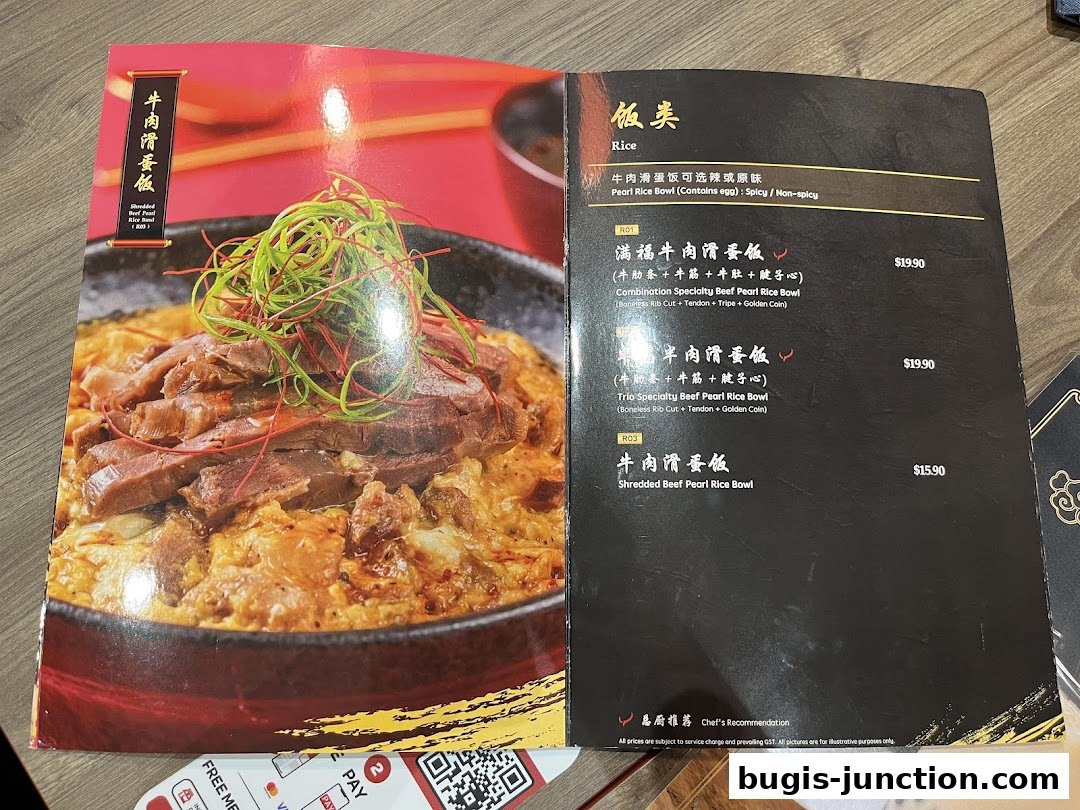 A menu page from LeNu Chef Wais Noodle Bar featuring beef pearl rice bowls.