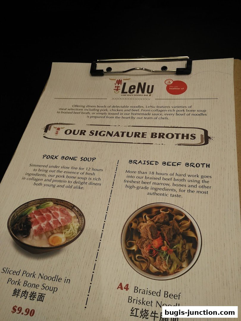 A menu from LeNu Chef Wais Noodle Bar showcasing signature broths and noodle dishes.