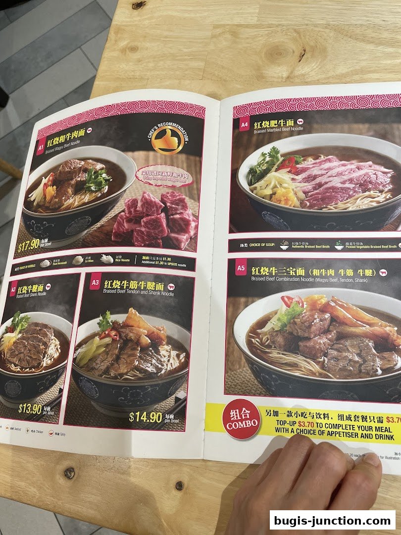 A menu from LeNu Chef Wais Noodle Bar featuring various braised beef noodle dishes.