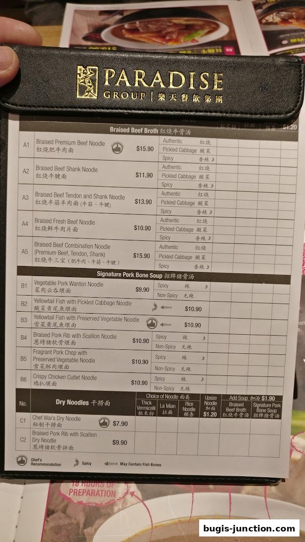 A menu from LeNu Chef Wais Noodle Bar featuring various noodle dishes and soups.